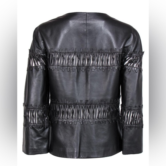 lafayette 148 woven insert crew neck brown leather jacket - Picture 11 of 12